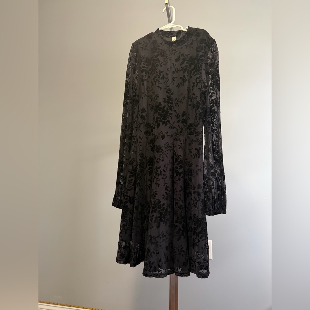 Anthropologie Black Burnout Velvet Long-Sleeve Fit-and-Flare Dress